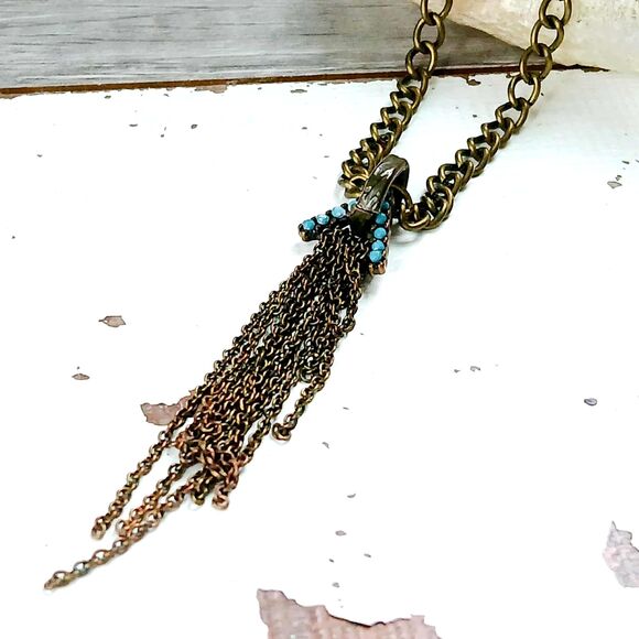 Turquoise & Bronze Tassel Choker Necklace, Adjustable, Boho Chic, Upcycled - Picture 4 of 4